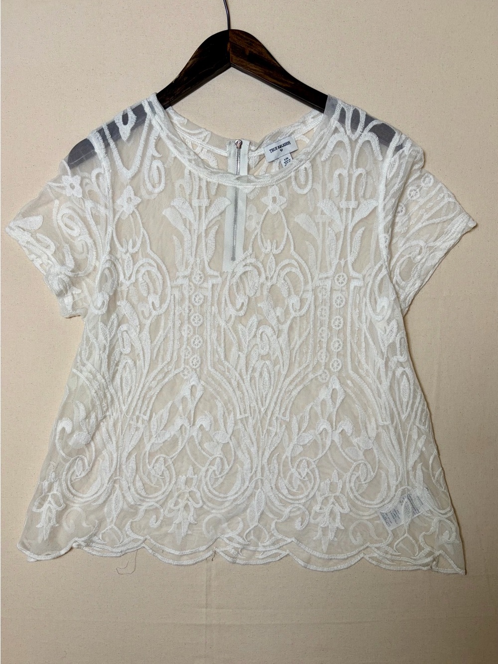 True Religion White Sheer Embroidered Lace Short Sleeve Top